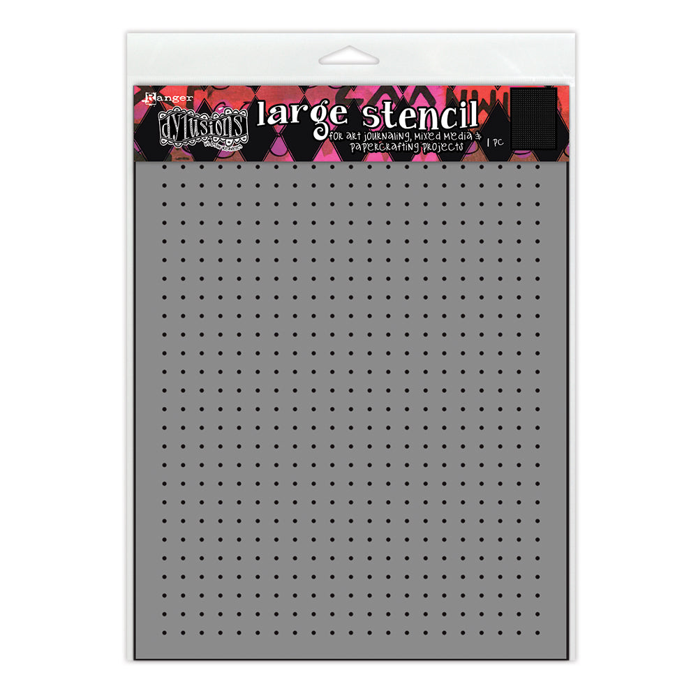 Double Dot Grid - DYS94975 - Dyan Reaveley's Dylusions Large Stencil for doodling, tangling, creating art and making patterns in mixed media, scrapbooking, journaling, junk-journals, planners, tags, cards, ATCs, index cards, memorydex cards, all kinds of collage decoupage and papercrafting enjoyment. Photo of the grey stencil with pink Dylusions banner, black spots are the cutout design.