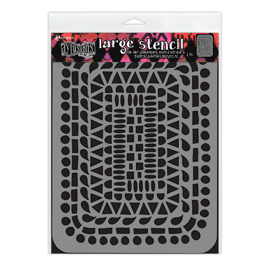 In The Frame - DYS94982 - Dyan Reaveley's Dylusions Large Stencil for creating art, doodling, tangling, and making patterns in mixed media, scrapbooking, journaling, junk-journals, planners, tags, cards, ATCs, index cards, memorydex cards, all kinds of collage decoupage and papercrafting enjoyment. Photo of the grey stencil with pink Dylusions banner, black shapes are the cutout design.