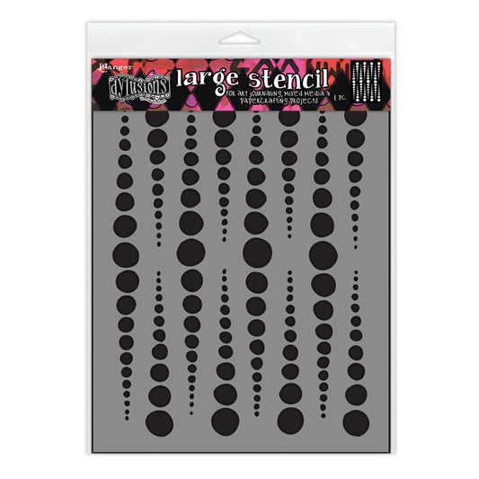 Scale Up - DYS95019 - Dyan Reaveley's Dylusions Large Stencil for creating art, doodling, tangling, and making patterns in mixed media, scrapbooking, journaling, junk-journals, planners, tags, cards, ATCs, index cards, memorydex cards, all kinds of collage decoupage and papercrafting enjoyment. Photo of the grey stencil with pink Dylusions banner, rows of black spots in varied sizes are the cutout design.