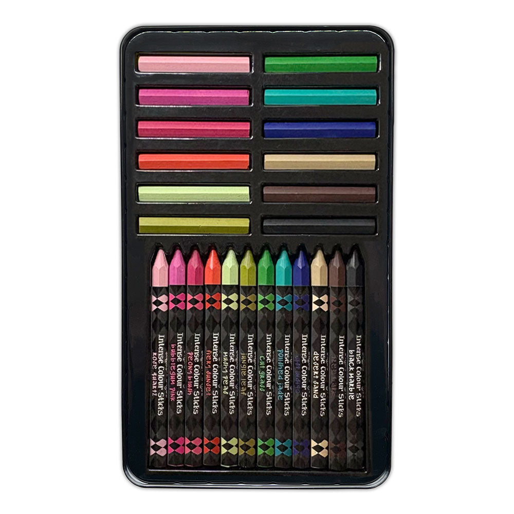 Dyan Reaveley's Dylusions Intense Watercolours - Caykes and Sticks - set no.2 has 12 (twelve) beautiful mixable blendable woodless watercolour pencils and paint pans in the shape of sticks. DYI89407 . Photo of the paints and pencils inside the tin.