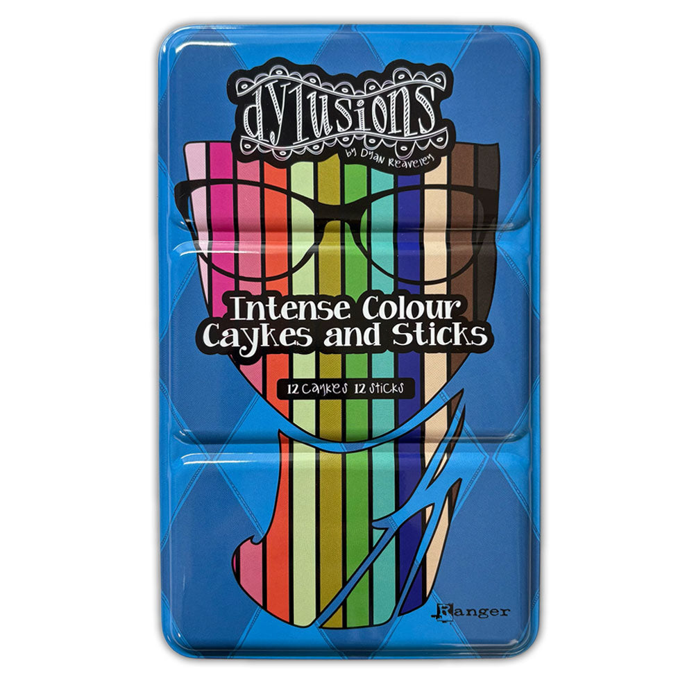 Dyan Reaveley's Dylusions Intense Watercolours - Caykes and Sticks - set no.2 has 12 (twelve) beautiful mixable blendable woodless watercolour pencils and paint pans in the shape of sticks. DYI89407 . Photo of the blue tin lid showing artistic impression of an artist with stripes, text and glasses.