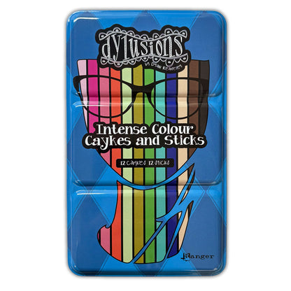 Dyan Reaveley's Dylusions Intense Watercolours - Caykes and Sticks - set no.2 has 12 (twelve) beautiful mixable blendable woodless watercolour pencils and paint pans in the shape of sticks. DYI89407 . Photo of the blue tin lid showing artistic impression of an artist with stripes, text and glasses.