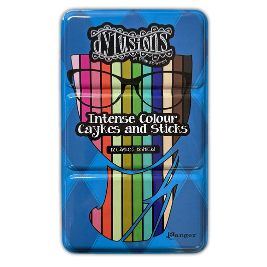 Dyan Reaveley's Dylusions Intense Watercolours - Caykes and Sticks - set no.2 has 12 (twelve) beautiful mixable blendable woodless watercolour pencils and paint pans in the shape of sticks. DYI89407 . Photo of the blue tin lid showing artistic impression of an artist with stripes, text and glasses.