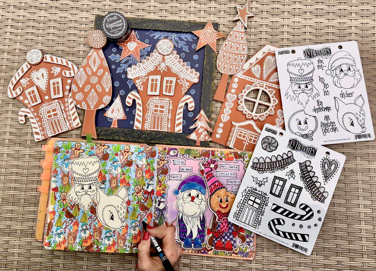 Dyan Reaveley's Dylusions Stampers Anonymous arty crafty products released in October 2026 - Village Cutouts Artboard (gingerbread), red rubber art stamps, 2 houses, trees, heads of Christmas friends, with items to use them with of Puzzle Board Frame, square journal and paint marker pen. Photo from Dyan and Stampers Anonymous.