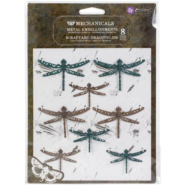 Scrapyard Dragonflies - Finnabair Mechanicals by Prima Marketing. 8 (eight) metal rustic blue patina and yellow ochre coloured embellishments for mixed media, collage and visual arts.  Attach a gorgeous dragonfly with cutout style geometric lace wings, tiny etched face and a detailed shaped abdomen to your next project. 
