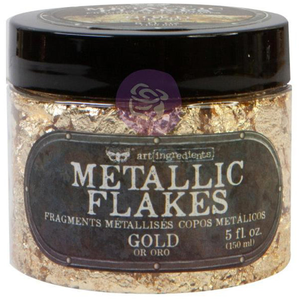 Metallic Flakes - Finnabair Art Ingredients by Prima Marketing ... fragments of metal foil leaf to add stunning effects and gilded finish to mixed media, sculpture, frames, home decor and visual arts. 150ml (5 fl oz) jar. Photo showing the jar of gold leaf.