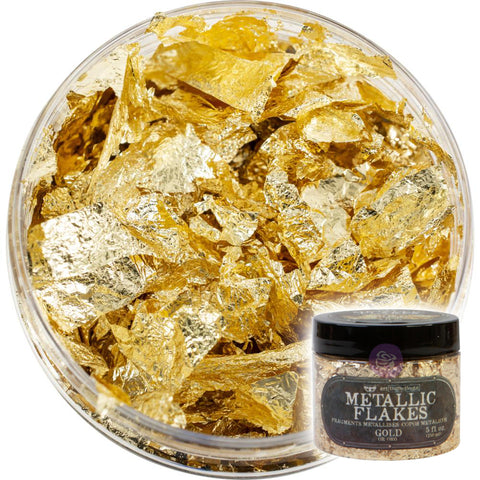 Metallic Flakes - Finnabair Art Ingredients by Prima Marketing ... fragments of metal foil leaf to add stunning effects and gilded finish to mixed media, sculpture, frames, home decor and visual arts. 150ml (5 fl oz) jar. Photo showing an example of the gold leaf.