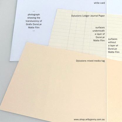 Dura-Lar Matte Film - by Grafix ... Archival polyester .005" film with a matte translucent drawing surface on both sides. Ideal for stamping, stenciling, cutting, layering, drawing, drafting and enjoying while creating cards, junk journals, scrapbooking, art journaling, all kinds of mixed media. Smooth semi-transparent (cloudy white) pad of 25 (twenty five) sheets, two-sided, .005 thickness, 9"x12" (22.8cm x 30.5cm) in size. 