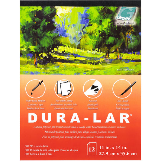 Dura-Lar Wet Media Film - by Grafix Arts ... Archival polyester .004" film that is transparent (crystal clear) with a specially coated surface on both sides for waterbased inks, paints and stains. Ideal for stamping, stencilling, cutting, layering, painting, and enjoying while creating cards, junk journals, scrapbooking, art journaling, all kinds of mixed media. Pad of 12 (twelve) sheets, two-sided, .004 thickness (thin, lightweight), 11"x14" (27.9cm x 35.6cm) in size. Cover image.