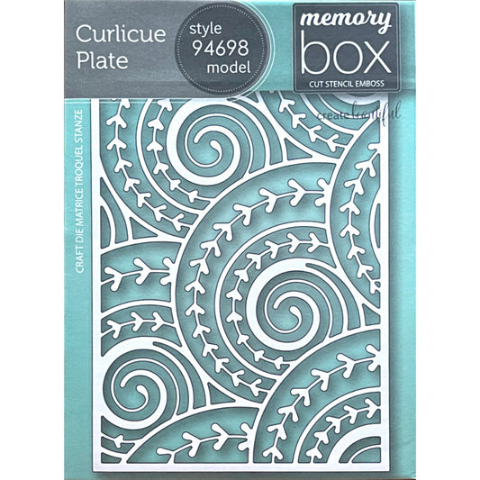 Curlicue Plate - Die Cutting Template by Memory Box (no. MB94698). Spirals and arrows curling and overlapping. Design size 4" x 5 1/4" (10.2cm x 13.3cm). 1 (one) template.  This gorgeous design features overlapping spirals of curls and arrows in fine lines, perfect for layering and adding dimension for cards, scrapbook pages, journaling, mixed media of all kinds. 