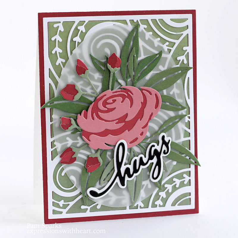 Curlicue Plate - Die Cutting Template by Memory Box (no. MB94698). Spirals and arrows curling and overlapping. Design size 4" x 5 1/4" (10.2cm x 13.3cm). 1 (one) template.  This gorgeous design features overlapping spirals of curls and arrows in fine lines, perfect for layering and adding dimension for cards, scrapbook pages, journaling, mixed media of all kinds. Photo of a card by Pam Sparks, featuring a rose layered over the Curlicue pattern.