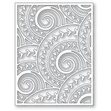 Curlicue Plate - Die Cutting Template by Memory Box (no. MB94698). Spirals and arrows curling and overlapping. Design size 4" x 5 1/4" (10.2cm x 13.3cm). 1 (one) template.  This gorgeous design features overlapping spirals of curls and arrows in fine lines, perfect for layering and adding dimension for cards, scrapbook pages, journaling, mixed media of all kinds. Image of the design.