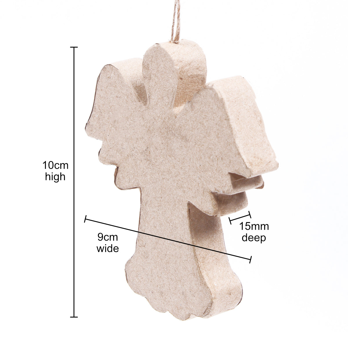 Angel Hanger ... Shaped Paper Mache Character - Create personalised hanging ornaments, a mobile, home decor decoration or simply enjoy some arty crafty fun because it feels good to get paint everywhere. Made by Little Birdie. 
This angel is shaped out of light brown or tan kraft paper comprised of two flat sides with 15mm deep base. The outstretched wings measure 9cm and she is 10cm tall. 
The angel is ready to hang and display using the length of natural string attached at the top of the head.