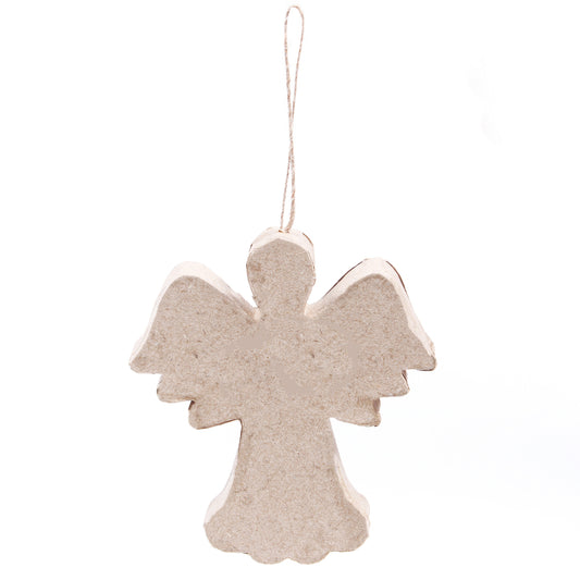 Angel Hanger ... Shaped Paper Mache Character - Create personalised hanging ornaments, a mobile, home decor decoration or simply enjoy some arty crafty fun because it feels good to get paint everywhere. Made by Little Birdie. 
This angel is shaped out of light brown or tan kraft paper comprised of two flat sides with 15mm deep base. The outstretched wings measure 9cm and she is 10cm tall. 
The angel is ready to hang and display using the length of natural string attached at the top of the head.