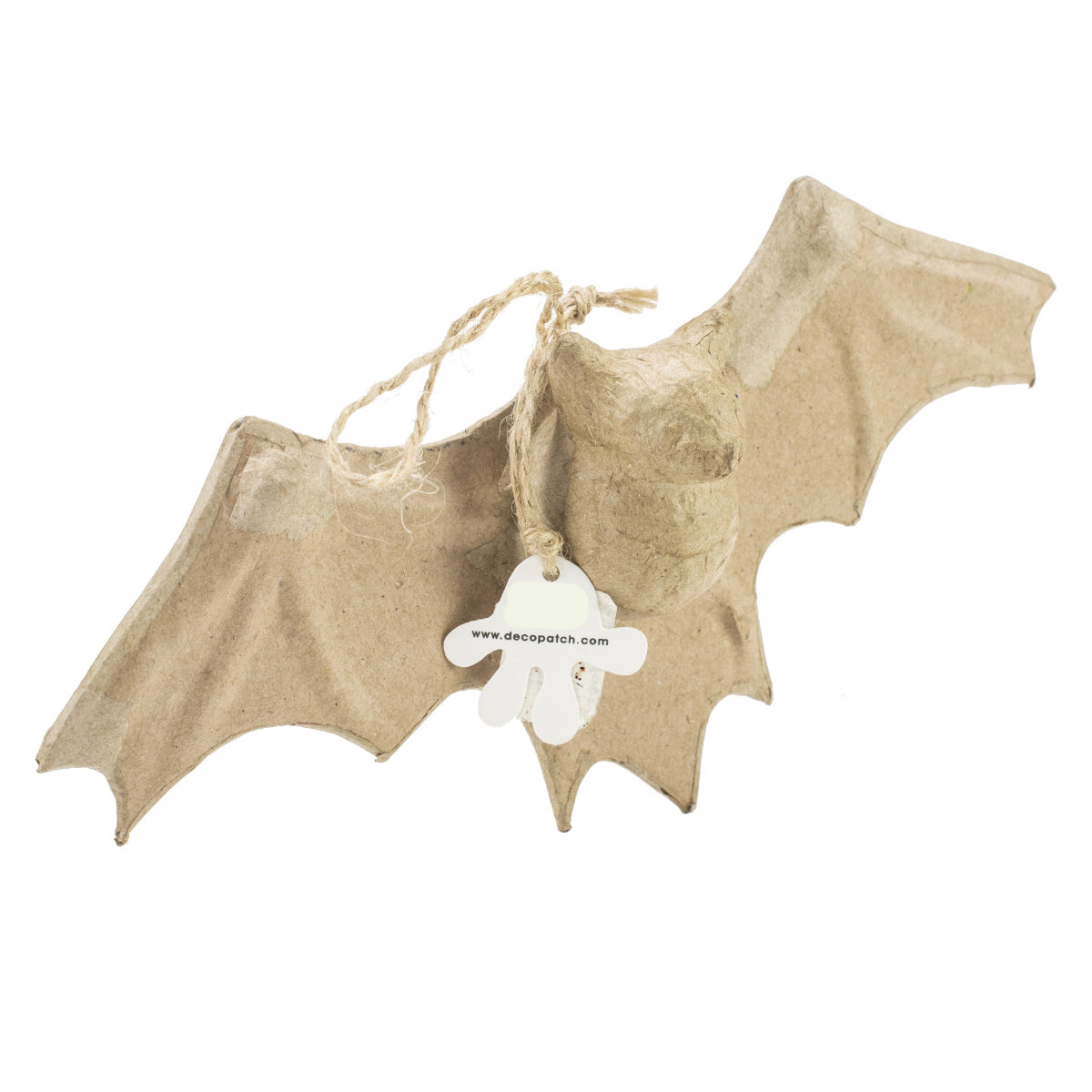 Flying Bat ... Shaped Paper Mache Character - Create personalised hanging ornaments, a mobile, home decor decoration or simply enjoy some arty crafty fun because it feels good to get paint everywhere. Made by Decopatch. This adorable bat is shaped out of light brown or tan kraft paper covering a frame of wings outstretched with veins and claws, a body with face, nose and ears. Ready to display using the length of natural string attached between the centre of the wings and the head. Another view.