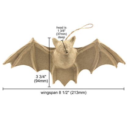 Flying Bat ... Shaped Paper Mache Character - Create personalised hanging ornaments, a mobile, home decor decoration or simply enjoy some arty crafty fun because it feels good to get paint everywhere. Made by Decopatch. This adorable bat is shaped out of light brown or tan kraft paper covering a frame of wings outstretched with veins and claws, a body with face, nose and ears. Ready to display using the length of natural string attached between the centre of the wings and the head. Sizes.