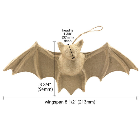 Flying Bat ... Shaped Paper Mache Character - Create personalised hanging ornaments, a mobile, home decor decoration or simply enjoy some arty crafty fun because it feels good to get paint everywhere. Made by Decopatch. This adorable bat is shaped out of light brown or tan kraft paper covering a frame of wings outstretched with veins and claws, a body with face, nose and ears. Ready to display using the length of natural string attached between the centre of the wings and the head. Sizes.