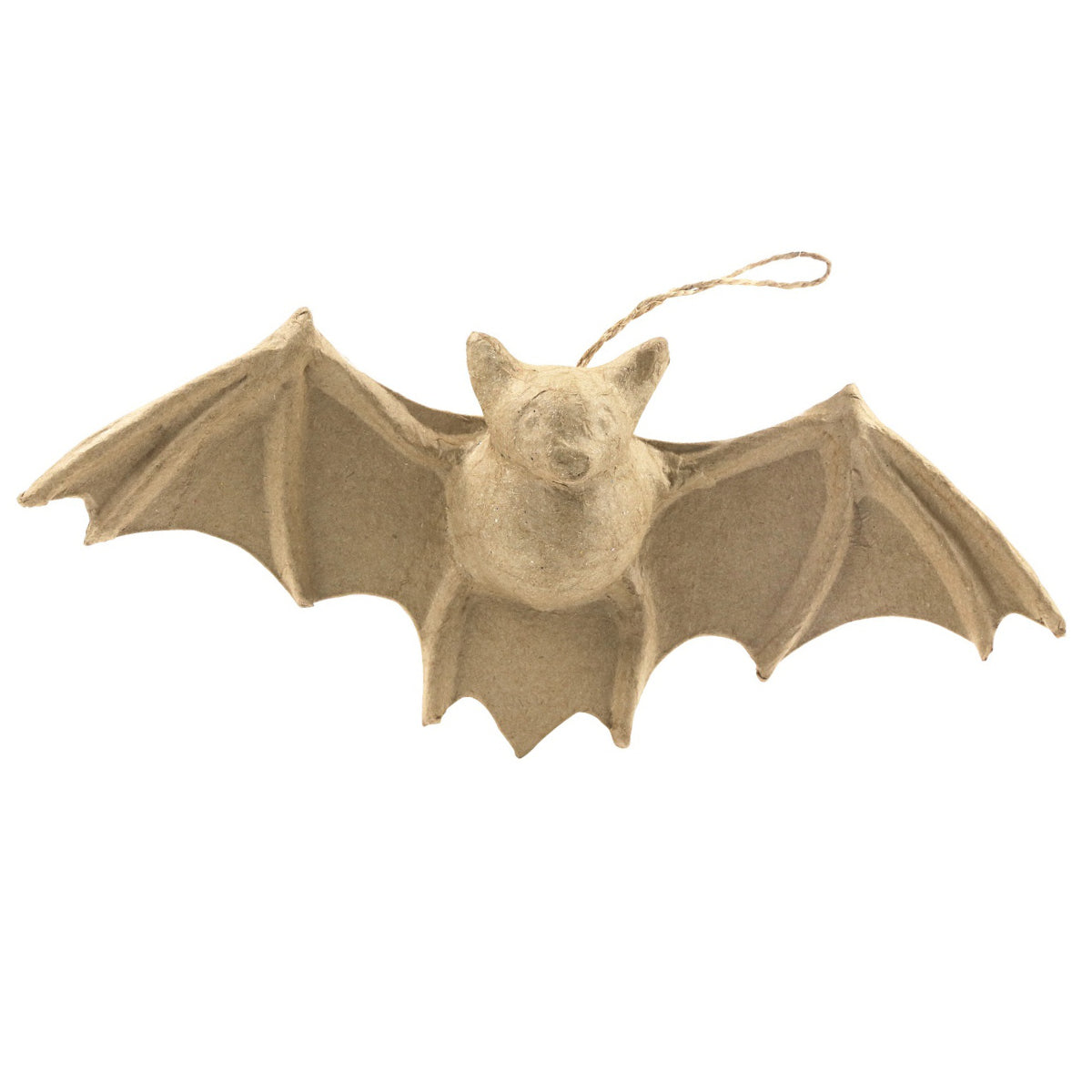 Flying Bat ... Shaped Paper Mache Character - Create personalised hanging ornaments, a mobile, home decor decoration or simply enjoy some arty crafty fun because it feels good to get paint everywhere. Made by Decopatch. This adorable bat is shaped out of light brown or tan kraft paper covering a frame of wings outstretched with veins and claws, a body with face, nose and ears. Ready to display using the length of natural string attached between the centre of the wings and the head.