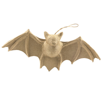 Flying Bat ... Shaped Paper Mache Character - Create personalised hanging ornaments, a mobile, home decor decoration or simply enjoy some arty crafty fun because it feels good to get paint everywhere. Made by Decopatch. This adorable bat is shaped out of light brown or tan kraft paper covering a frame of wings outstretched with veins and claws, a body with face, nose and ears. Ready to display using the length of natural string attached between the centre of the wings and the head.