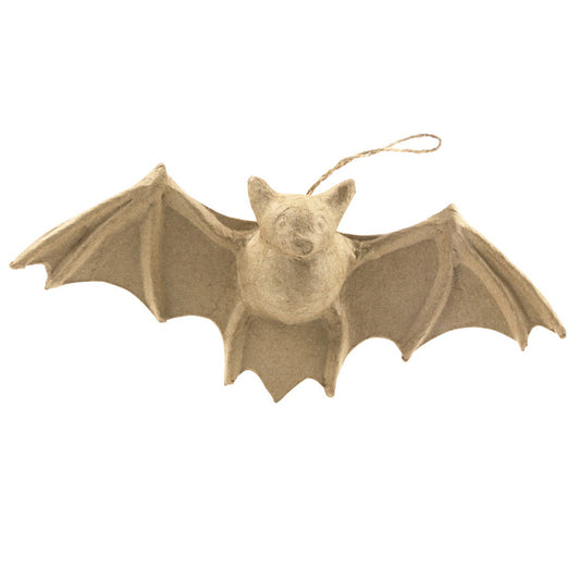 Flying Bat ... Shaped Paper Mache Character - Create personalised hanging ornaments, a mobile, home decor decoration or simply enjoy some arty crafty fun because it feels good to get paint everywhere. Made by Decopatch. This adorable bat is shaped out of light brown or tan kraft paper covering a frame of wings outstretched with veins and claws, a body with face, nose and ears. Ready to display using the length of natural string attached between the centre of the wings and the head.