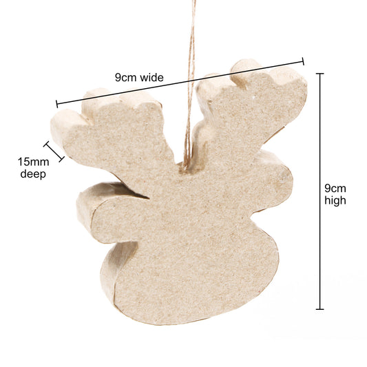 Reindeer Hanger ... Shaped Paper Mache Character - Create personalised hanging ornaments, a mobile, home decor decoration or simply enjoy some arty crafty fun because it feels good to get paint everywhere. Made by Little Birdie. 
This 9cm high reindeer head with antlers is shaped out of light brown or tan kraft paper comprised of two flat sides with 15mm deep base. 
The deer is ready to hang and display using the length of natural string attached between the ears in the centre of the head.