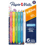 Assorted Colours - InkJoy Bright! Gel Pens - by PaperMate Vibrant opaque ink for dark, colourful and light papers, cardstock and porous surfaces. Pack of 6 (six) retractable pens, each with a medium 0.7mm ballpoint nib. Colours are pink, golden yellow, bright green, sea blue, mid blue, white (one of each colour. A joy to use! The PaperMate InkJoy 'Brights!' pigment gel ink pens are quick drying on paper, smooth with bold markings.