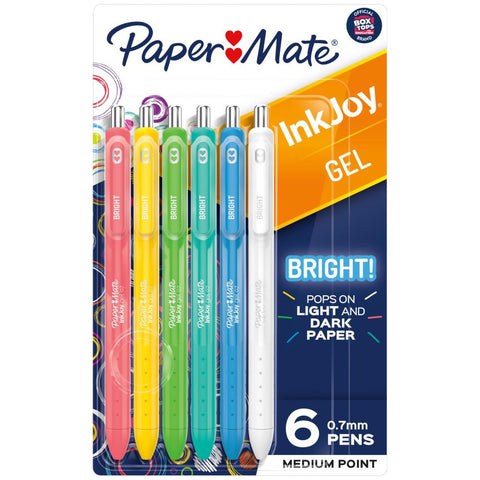 Assorted Colours - InkJoy Bright! Gel Pens - by PaperMate Vibrant opaque ink for dark, colourful and light papers, cardstock and porous surfaces. Pack of 6 (six) retractable pens, each with a medium 0.7mm ballpoint nib. Colours are pink, golden yellow, bright green, sea blue, mid blue, white (one of each colour. A joy to use! The PaperMate InkJoy 'Brights!' pigment gel ink pens are quick drying on paper, smooth with bold markings.