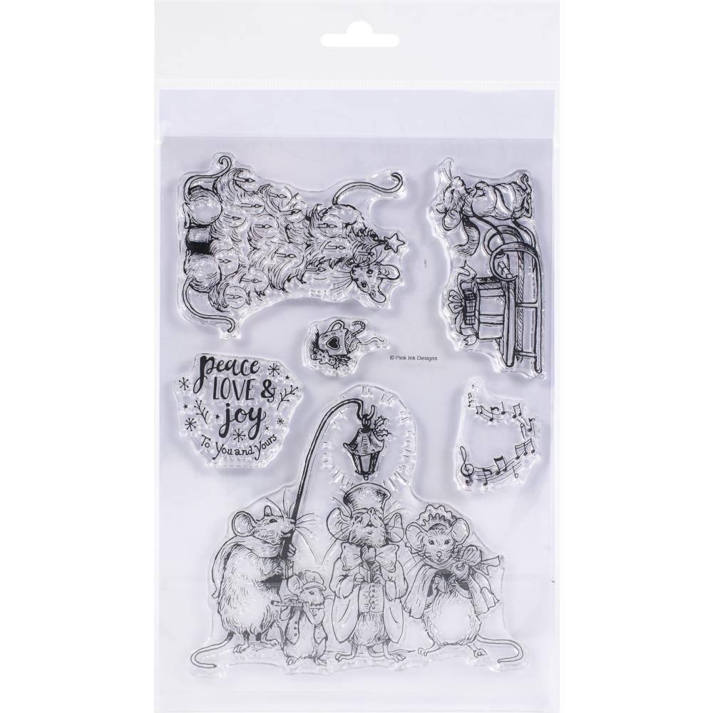A Christmas Carol&nbsp;- by Pink Ink Designs&nbsp;(Pi079) ... Set of 6&nbsp;(six) clear cling stamps to use in papercrafts, scrapbooking, cardmaking, textile arts and other crafty projects.

These&nbsp;beautiful stamps illustrated by guest designer Natacha Chohra feature festive joyful mice singing under a lamp, sledding, adding candles to a tree plus a mug of hot chocolate, string of music notes and decorated phrase - peace, love and joy to you and yours.