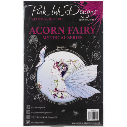 Acorn Fairy (mythical series) by Pink Ink Designs UK (Pi010) ... Set of 4 (four) clear cling stamps to use in papercrafts, scrapbooking, cardmaking, textile arts and other crafty projects. This beautiful set of stamps features a head and shoulders portrait of a fairy viewed from the side with long wings and acorn frilled shoulder cuffs, acorns, flowers in her hair. Hugging the fairy (sitting on her other shoulder) is a spotty frog (or toad) while a hummingbird hovers nearby.