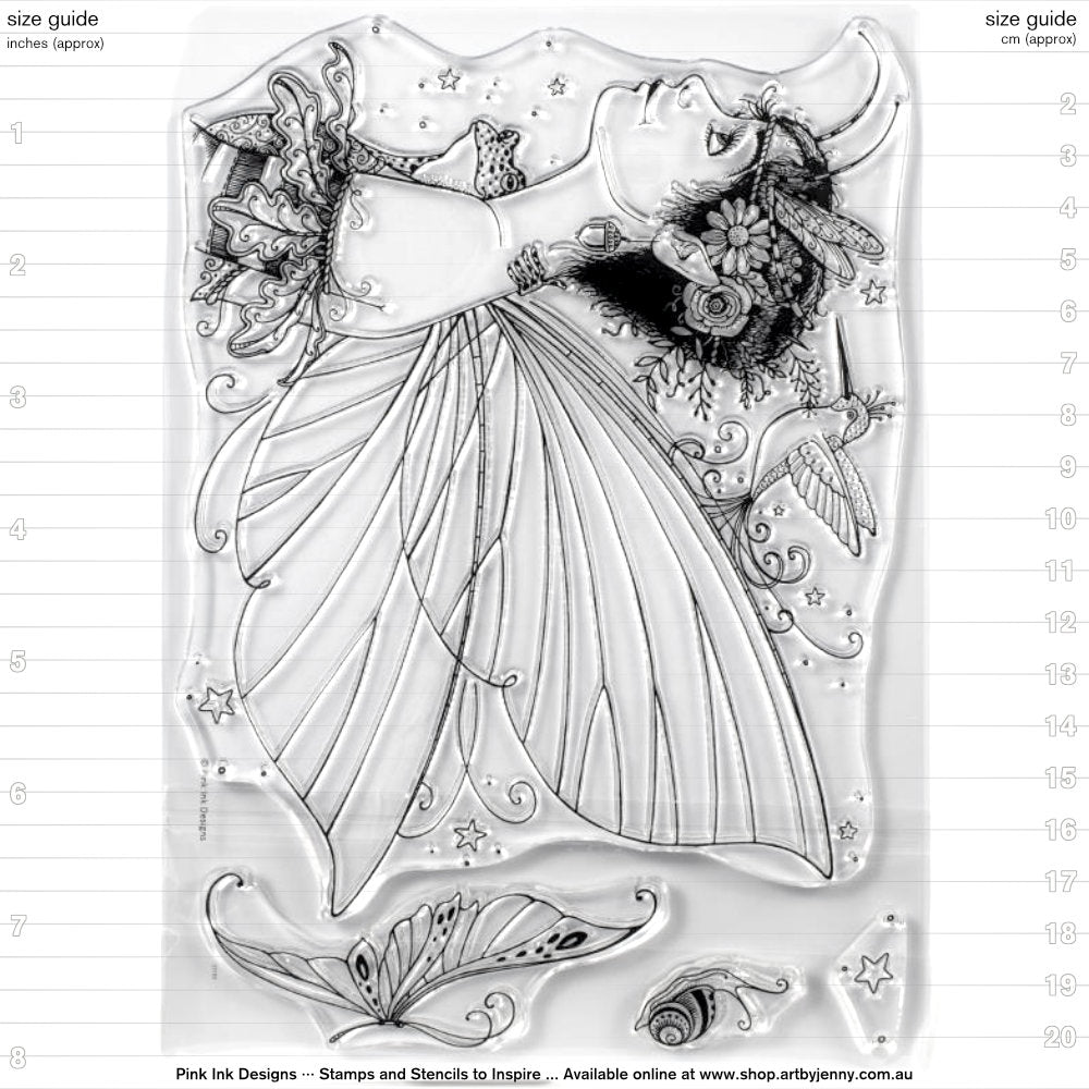 Acorn Fairy (mythical series) by Pink Ink Designs UK (Pi010) ... Set of 4 (four) clear cling stamps to use in papercrafts, scrapbooking, cardmaking, textile arts and other crafty projects. This beautiful set of stamps features a head and shoulders portrait of a fairy viewed from the side with long wings and acorn frilled shoulder cuffs, acorns, flowers in her hair. Hugging the fairy (sitting on her other shoulder) is a spotty frog (or toad) while a hummingbird hovers nearby.