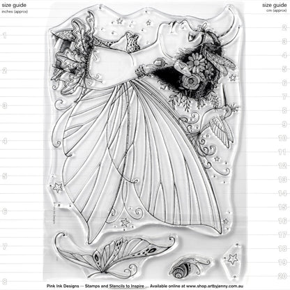 Acorn Fairy (mythical series) by Pink Ink Designs UK (Pi010) ... Set of 4 (four) clear cling stamps to use in papercrafts, scrapbooking, cardmaking, textile arts and other crafty projects. This beautiful set of stamps features a head and shoulders portrait of a fairy viewed from the side with long wings and acorn frilled shoulder cuffs, acorns, flowers in her hair. Hugging the fairy (sitting on her other shoulder) is a spotty frog (or toad) while a hummingbird hovers nearby.