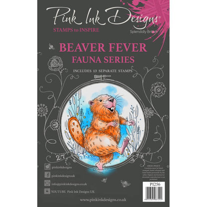 Beaver Fever (fauna series)&nbsp;- by Pink Ink Designs&nbsp;(Pi256) ... Set of 13&nbsp;(thirteen) clear cling stamps to use in papercrafts, scrapbooking, cardmaking, textile arts and other crafty projects.&nbsp;

This&nbsp;beautiful set of stamps features a happy beaver walking (strutting, dancing) along with mini-me silhouette beavers (facing sideways in opposite directions), fish tails, tall pond grasses, pond grass divider, a splash, and various sayings