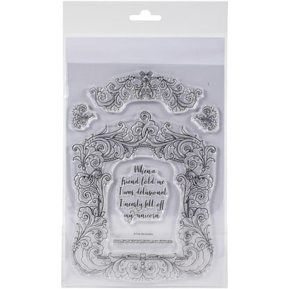 Boudoir (frames series)&nbsp;- by Pink Ink Designs&nbsp;(Pi077) ... Set of 6&nbsp;(six) clear cling stamps to use in papercrafts, scrapbooking, cardmaking, textile arts and other crafty projects.&nbsp;

This&nbsp;beautiful set of stamps features a large square frame detailed with ornate flourishes, flowers, foliage and scrolls, together with a small swag of similar design, two delicate flowers, a short divider and quote in handwritten style script .