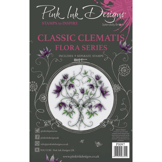 Classic Clematis (floral series)&nbsp;- by Pink Ink Designs&nbsp;(Pi097) ... Set of 9&nbsp;(nine) clear cling stamps to use in papercrafts, scrapbooking, cardmaking, textile arts and other crafty projects.&nbsp;

This&nbsp;beautiful set of stamps features a large delicate clematis bush or shrubbery with loose leaves and flowers plus a quote in handwritten elongated script - the Earthy laughs in flowers.
