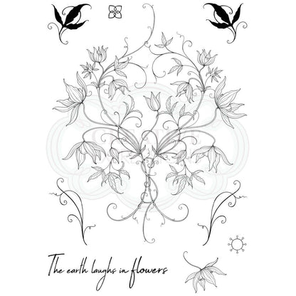 Classic Clematis (floral series)&nbsp;- by Pink Ink Designs&nbsp;(Pi097) ... Set of 9&nbsp;(nine) clear cling stamps to use in papercrafts, scrapbooking, cardmaking, textile arts and other crafty projects.&nbsp;

This&nbsp;beautiful set of stamps features a large delicate clematis bush or shrubbery with loose leaves and flowers plus a quote in handwritten elongated script - the Earthy laughs in flowers.