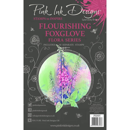 Flourishing Foxglove&nbsp;- by Pink Ink Designs&nbsp;(Pi095) ... Set of 10 clear cling stamps to use in papercrafts, scrapbooking, cardmaking, textile arts and other crafty projects.&nbsp;

This&nbsp;beautiful set of stamps features tall foxglove flowers with leaves, one in outline and one in silhouette, with a snail, snailshell, butterflies, icons and phrase - happiness blooms from within - in a wonderful script.