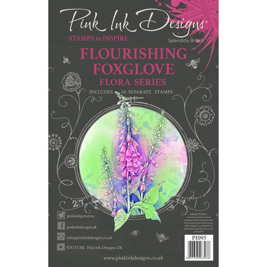 Flourishing Foxglove&nbsp;- by Pink Ink Designs&nbsp;(Pi095) ... Set of 10 clear cling stamps to use in papercrafts, scrapbooking, cardmaking, textile arts and other crafty projects.&nbsp;

This&nbsp;beautiful set of stamps features tall foxglove flowers with leaves, one in outline and one in silhouette, with a snail, snailshell, butterflies, icons and phrase - happiness blooms from within - in a wonderful script.