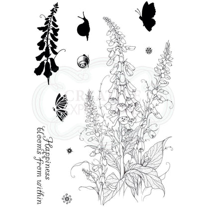 Flourishing Foxglove&nbsp;- by Pink Ink Designs&nbsp;(Pi095) ... Set of 10 clear cling stamps to use in papercrafts, scrapbooking, cardmaking, textile arts and other crafty projects.&nbsp;

This&nbsp;beautiful set of stamps features tall foxglove flowers with leaves, one in outline and one in silhouette, with a snail, snail shell, butterflies, icons and phrase - happiness blooms from within - in a wonderful script.
