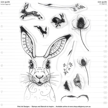 Hare&nbsp;- by Pink Ink Designs&nbsp;(Pi002) ... Set of 11 clear cling stamps to use in papercrafts, scrapbooking, cardmaking, textile arts and other crafty projects.&nbsp;

This&nbsp;beautiful set is one of Pink Ink Design's originals and features a wonderful portrait of a hare with long ears and whiskers with a delightful look on her/his face. Other stamps include running hares (or rabbits) with butterflies, leaves and thistles.