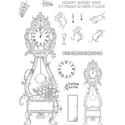 Hickory Dickory Dock - by Pink Ink Designs (Pi203) ... Set of 16 clear cling stamps (Mother Goose series) to use in papercrafts, scrapbooking, cardmaking, textile arts and other crafty projects. 
This timely set of stamps features a gorgeous tall Grandfather clock in two sizes with a family of four adorable mice, clock face in Roman numerals, clock hands, and other elements. 
