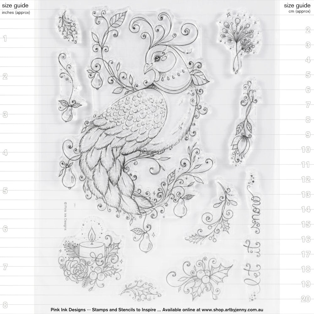 In A Pear Tree - by Pink Ink Designs (Pi082) ... Set of 10 clear cling stamps to use in papercrafts, scrapbooking, cardmaking, textile arts and other crafty projects. Designed by Alexandra Ghicu.

This&nbsp;beautiful set of stamps features an amazing bird, a partridge, resting in branches of a pear tree, along with a candle, holly, decorative elements and a phrase 'let it snow' in a loose script.