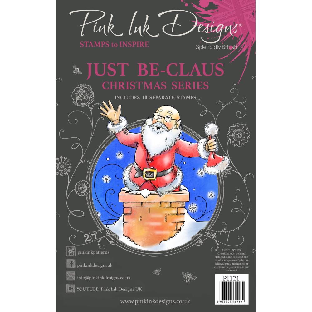 Just Be-Claus&nbsp;- by Pink Ink Designs (Pi121) ... Set of 10 clear cling stamps from the Christmas series to use in papercrafts, scrapbooking, cardmaking, textile arts and other crafty projects. This inspiring set of stamps features a wonderful jolly Father Christmas standing inside a brick chimney holding his hat / beanie together with footsteps of boot prints, snowflakes and other decorative elements.