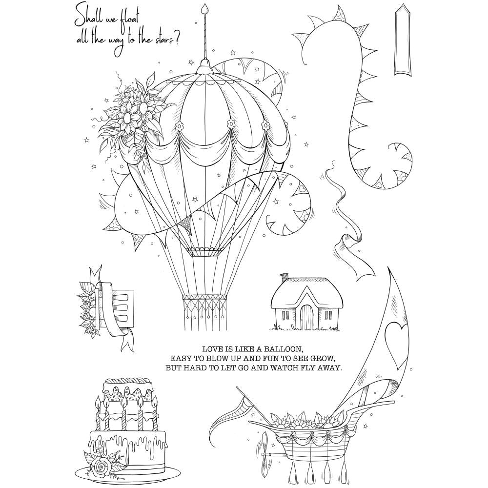 Pink Ink Designs - I Saw A Ship pi202 - This wonderfully illustrated set of stamps features a beautiful hot air balloon with a selection of bases to carry - tiered cake, sailing ship, little cottage, basket with ribbons and fruit. Other stamps are a string of flags or bunting, arrow label or flag, ribbon flying in a breeze and phrase, Shall we float all the way to the stars?, in a delicate light script.