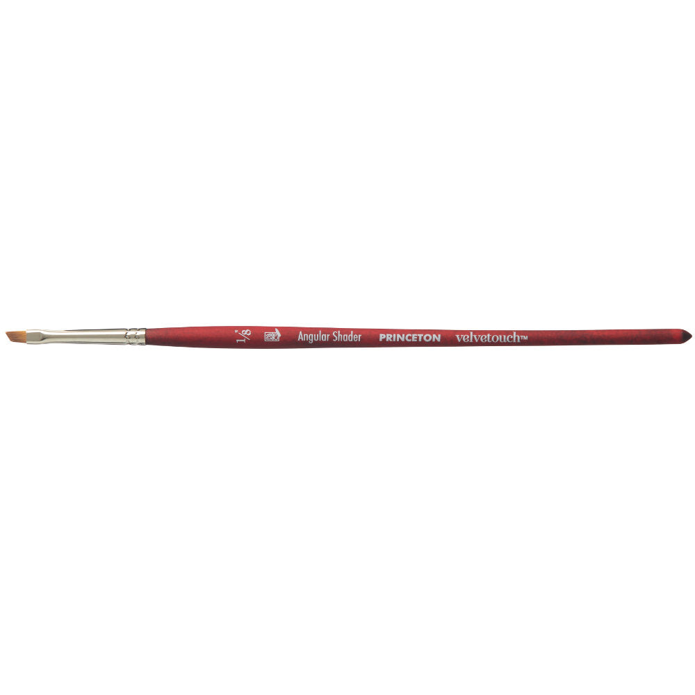 Angular Shader, 1/8" (one eighth inch) - Velvetouch All Media Paint Brush by Princeton... artist quality paint brush with flexible synthetic bristles as a flat brush angled to a straight chisel tip. Wooden handle with a velvety, lightweight and balanced feel. Ideal for painting, crafting, visual arts.