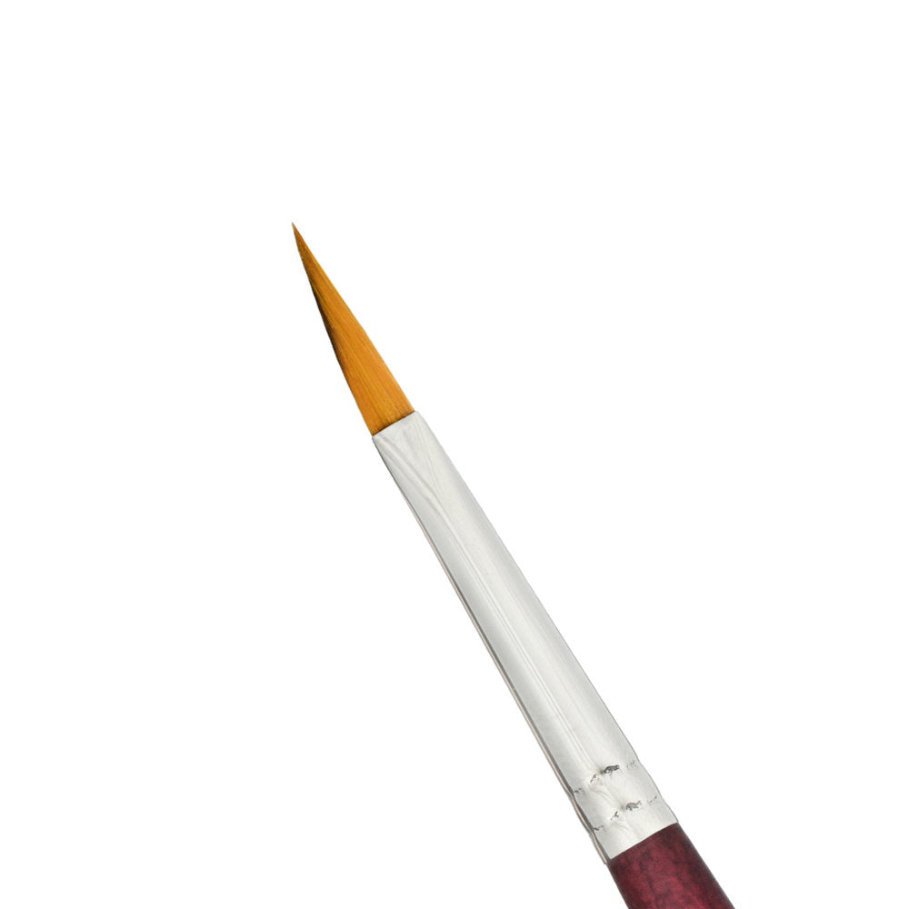 close up photograph of Petals (Dagger) no.6 - Velvetouch All Media Paint Brush by Princeton... artist quality paint brush with flexible synthetic bristles as a wide triangular brush-head with a sharply tapered, shapely pointy tip. Wooden handle with a velvety, lightweight and balanced feel. Ideal for painting, crafting, visual arts.