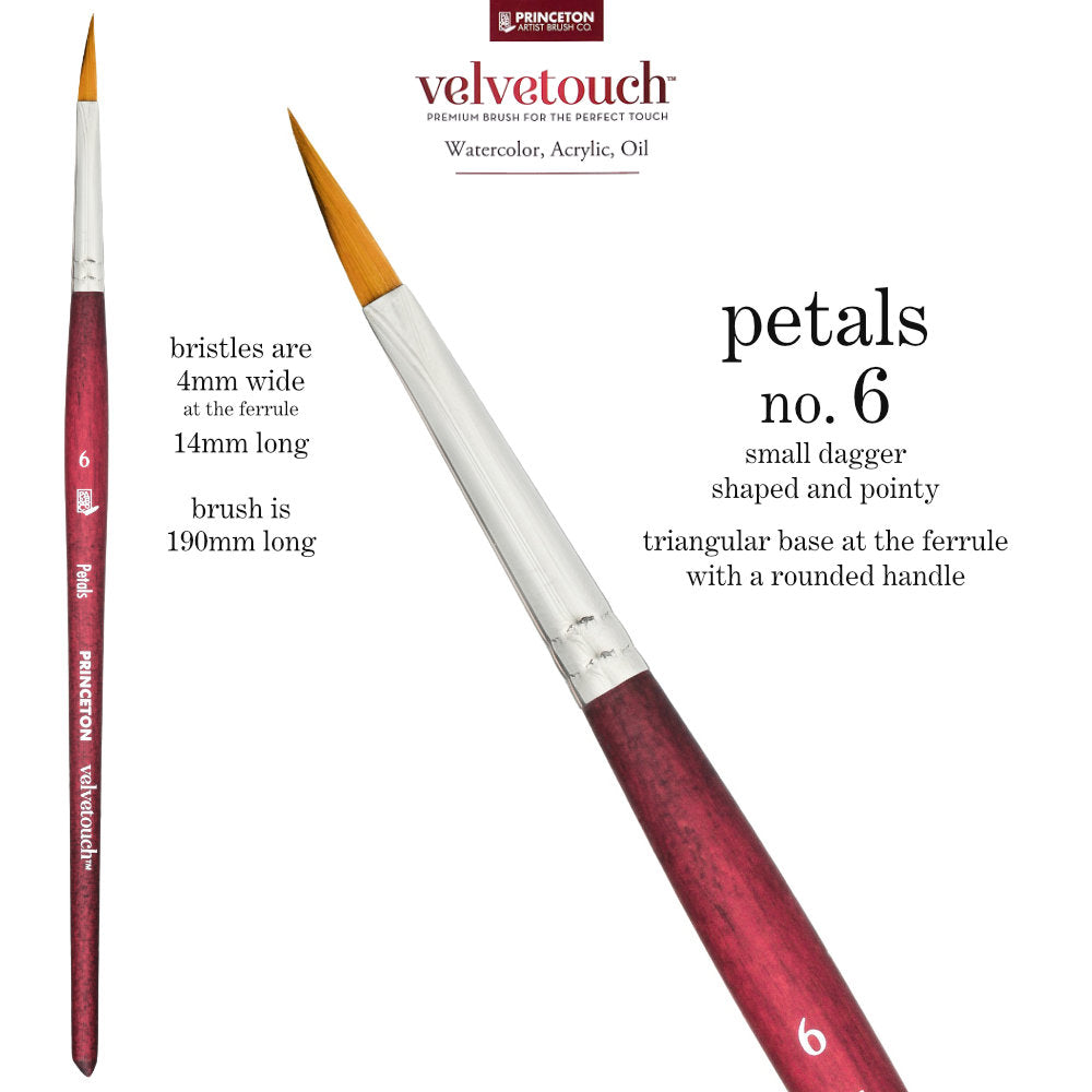 Petals (Dagger) no.6 - Velvetouch All Media Paint Brush by Princeton... artist quality paint brush with flexible synthetic bristles as a triangular brush-head with a sharply tapered, shapely pointy tip. Wooden handle with a velvety, lightweight and balanced feel finished with a rust resistant metal ferrule. Ideal for acrylic paint, watercolour, inks, oils, mixed media, visual arts.