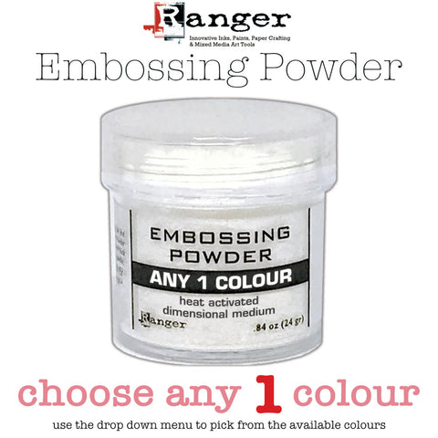 Embossing Powder - Ranger. Choose any 1 (one) jar in the colour of your choice from the Neons, Cottontail Dimensional Puff, Metallics, Tinsels, Holographic and Super Fine.  Add colour, dimension, and texture to paper craft, mixed media and hand lettering projects with Ranger heat activated Embossing Powder. Embossing powder once melted with a heat tool, creates a smooth dimensional permanent finish on cardstock, scrapbook paper, TH Etcetera artboards, embellished canvas shoes and other arty projects.