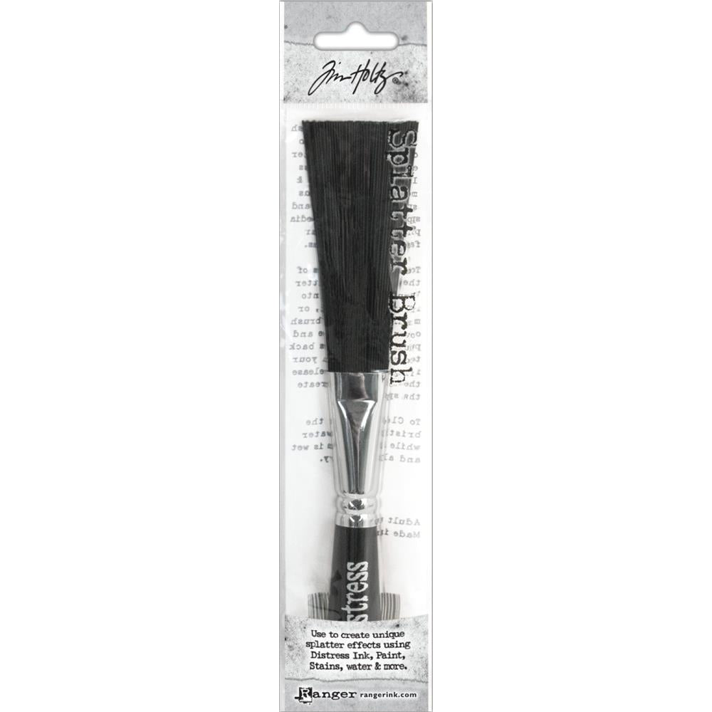 Splatter Brush - by Tim Holtz and Ranger. Distress and Alcohol Ink Mixed Media Paintbrush - a Mixed Media Splatter Tool for all paints, inks, water, mediums (all brands) ... A very useful brush for cardmaking, mixed media, all visual arts projects wherever you need a splash, splatter or rustic swipe. Synthetic flat brush, 1" wide at the tip, bristles are 3" long. The Tim Holtz Splatter Brush is the perfect tool to create unique organic splash or splat effects with inks, paints, alcohol inks and water. 