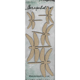 Dragonflies - Chipboard by Scrapaholics. 5 (five) embellishments made of 1mm thick cardboard (chipboard) for mixed media, collage and visual arts.  Attach a gorgeous dragonfly to your next project. These dragonflies are simply shaped with outstretched wings and slim bodies, ready to fly onto scrapbook pages,  journals, cards, tags, framed artwork and any other project you wish to make. Photo of the packet.