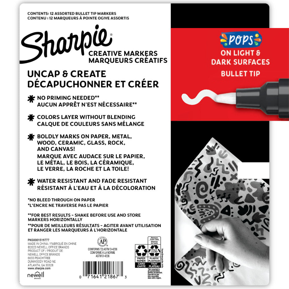 Sharpie Creative Markers - 12 (twelve) Bullet Tip paint pens, assorted colours including black, white, grey, pink, purple, blue, teal, light blue, green, yellow, orange, red (one of each colour). Waterbased creative acrylic paint markers which do not need priming and work on all surfaces, drying to a permanent, water resistant, fade resistant finish. Does not bleed through paper and works on both light and dark surfaces. Line width is approx 1.5mm to 2.5mm wide, depending on pressure applied.